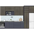 Modern Kitchen With Wooden Upper And Dark Gray Lower Cabinets And White Refrigerator