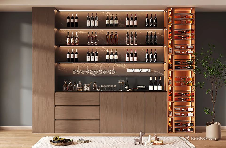 Modern Wooden Wine Cabinet With Illuminated Shelves Wine Bottles And Glassware 3d model 