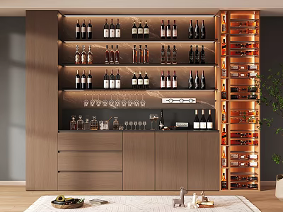 Modern Wooden Wine Cabinet With Illuminated Shelves Wine Bottles And Glassware 3d model