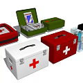 Different Colored First Aid Boxes With Red Cross Symbol And Medical Supplies Inside