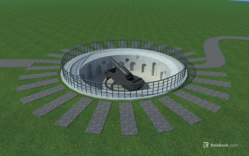 Weapon Display In Circular Metal Fence Structure With Grass And Stone Paths 3d model 