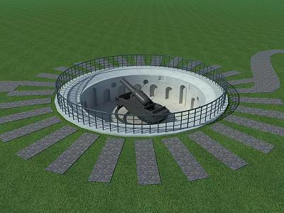 Weapon Display In Circular Metal Fence Structure With Grass And Stone Paths 3d model