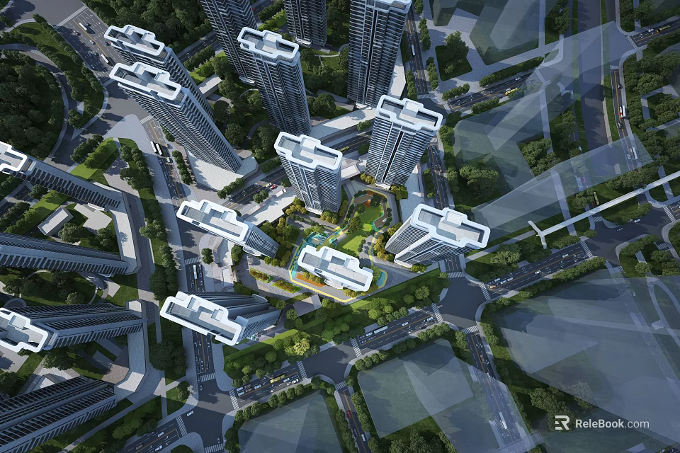 Aerial View Planning of Modern High Rise Residential Community with Green Areas and Road Layout Design 3d model 