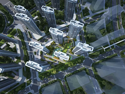 Aerial View Planning of Modern High Rise Residential Community with Green Areas and Road Layout Design 3d model