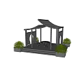 Traditional Chinese Garden Pavilion With Wooden Latticed Roof Stone Table Chairs And Green Plants