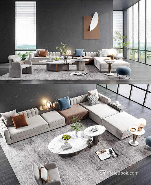 Modern Sectional Sofa And Coffee Table Set With Neutral Throw Pillows Green Plants And Area Rug 3d model 
