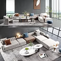 Modern Sectional Sofa And Coffee Table Set With Neutral Throw Pillows Green Plants And Area Rug