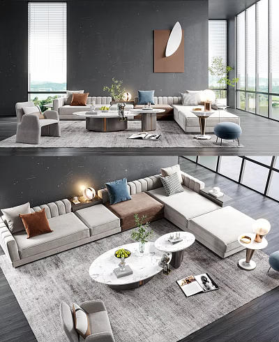 Modern Sectional Sofa And Coffee Table Set With Neutral Throw Pillows Green Plants And Area Rug 3d model