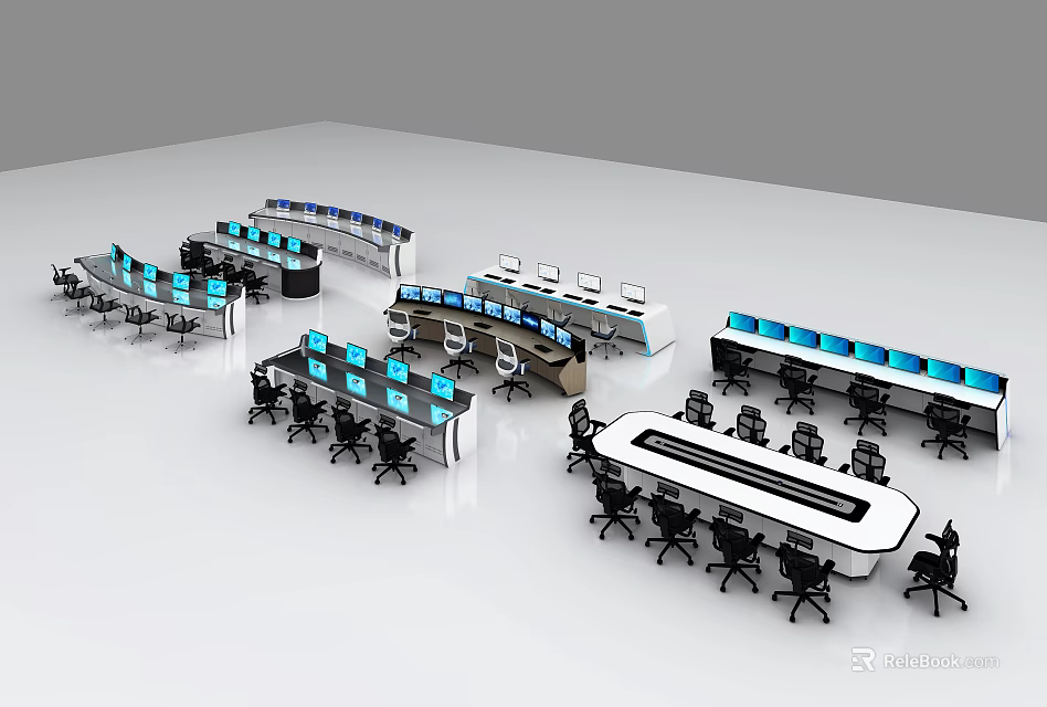 Modern Office Desks With Multiple Computer Monitors And Ergonomic Chairs In Workspace Setup 3d model