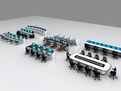 Modern Office Desks With Multiple Computer Monitors And Ergonomic Chairs In Workspace Setup 3d model