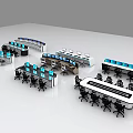 Modern Office Desks With Multiple Computer Monitors And Ergonomic Chairs In Workspace Setup 3d model