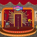 Vintage Stage with Red Curtains Brick Wall Neon Sign Microphone and Colorful Radial Lights