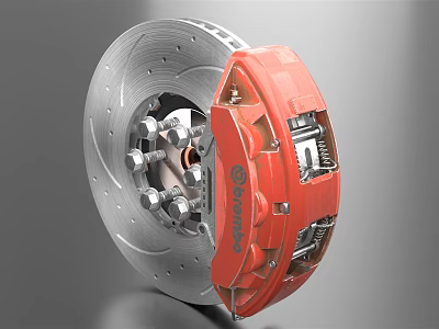 Red High Performance Brake Caliper With Silver Ventilated Disc And Automotive Components 3d model