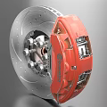 Red High Performance Brake Caliper With Silver Ventilated Disc And Automotive Components