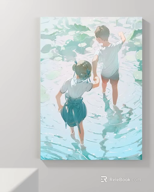 Character Painting of Two Children Walking in Water Among Water Lilies with Reflections 3d model 