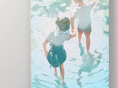 Character Painting of Two Children Walking in Water Among Water Lilies with Reflections 3d model