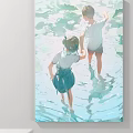 Character Painting of Two Children Walking in Water Among Water Lilies with Reflections