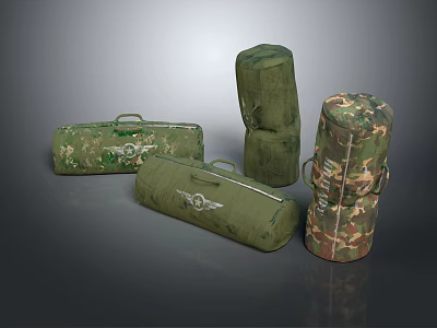 Camouflage Green Military Equipment Storage Bags With Cylindrical And Rectangular Shapes 3d model