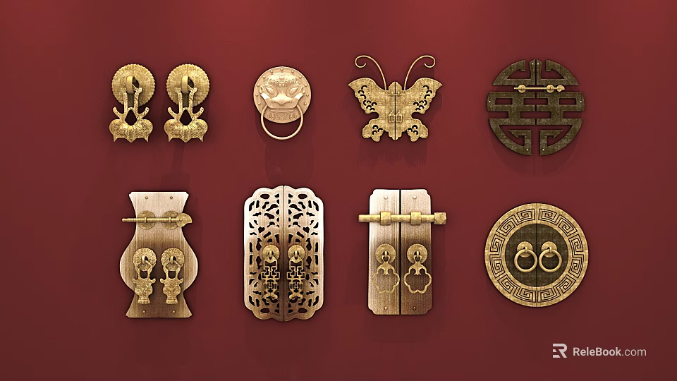 Traditional Brass Door Knockers With Various Intricate Patterns On Red Background 3d model 