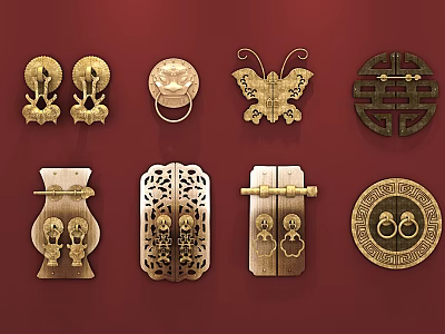 Traditional Brass Door Knockers With Various Intricate Patterns On Red Background 3d model