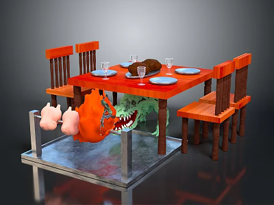 Colorful Monsters Under Dining Table With Wooden Chairs Plates Food And Glasses 3d model
