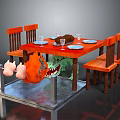 Colorful Monsters Under Dining Table With Wooden Chairs Plates Food And Glasses