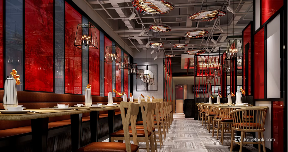 Elegant Restaurant Interior Design With Red Walls Pendant Lights And Wooden Dining Chairs 3d model 