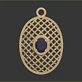 Elegant Golden Oval Pendant With Intricate Mesh Design And Purple Gemstone