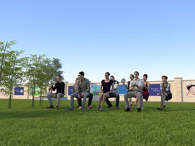 Rural Landscape With Green Grassland People Sitting Trees Fence And Blue Signs 3d model