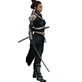 A Woman In Dark Ornate Outfit Holding A Sword Standing Upright