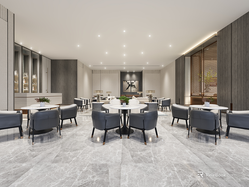 Elegant Modern Lounge Area Interior With Grey Chairs White Tables And Marble Flooring 3d model 