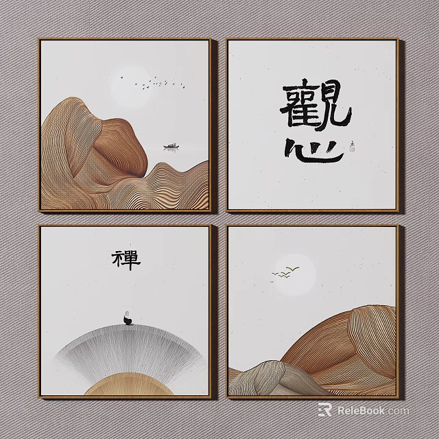 Chinese Zen Decorative Wall Paintings With Mountain Texture Calligraphy And Fan Design 3d model 