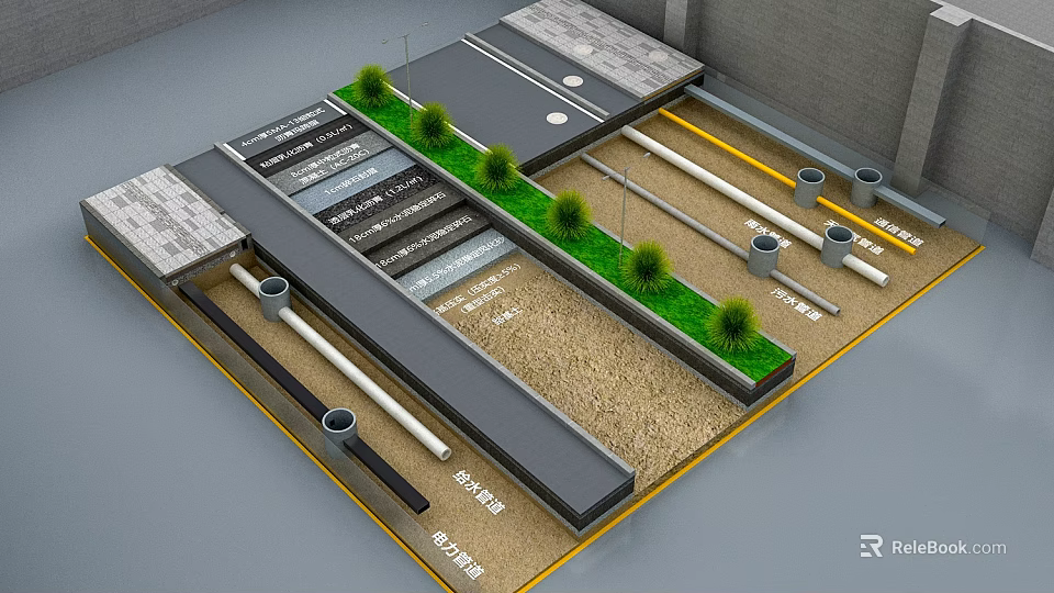 Road Infrastructure Construction with Underground Pipes Green Strips and Layered Structure Components 3d model 