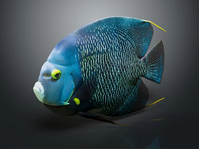 Shiny Blue Angelfish With Yellow Eyes And Fin Tips On Dark Background 3d model
