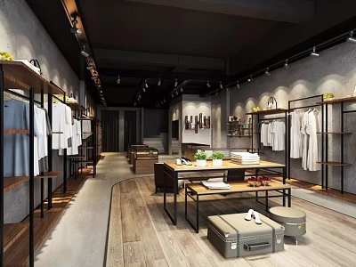 Modern Clothing Store Interior With Clothes on Racks Display Tables and Wooden Floors 3d model