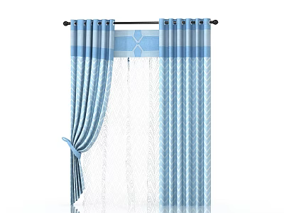 Elegant Blue Striped Curtain with Sheer Layer and Bow Decoration for Living Room 3d model
