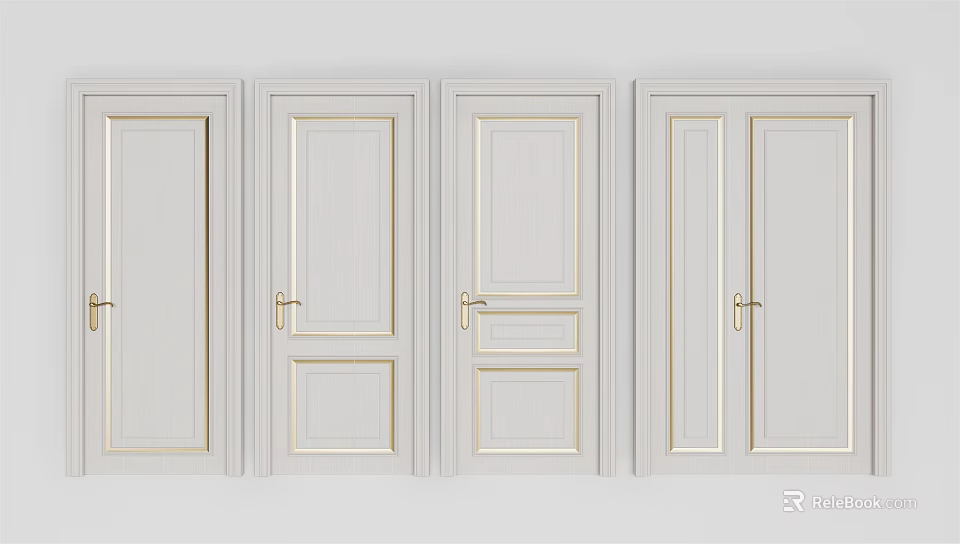 Modern White Swing Doors With Golden Handles And Various Panel Designs 3d model