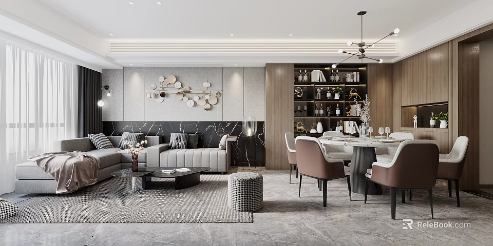 Modern Living Dining Room Interior Design With Comfortable Sofa Dining Table And Decorative Wall Art 3d model