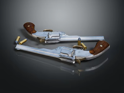 Vintage Silver Revolvers With Brown Wooden Grips And Bullets On Shiny Surface 3d model