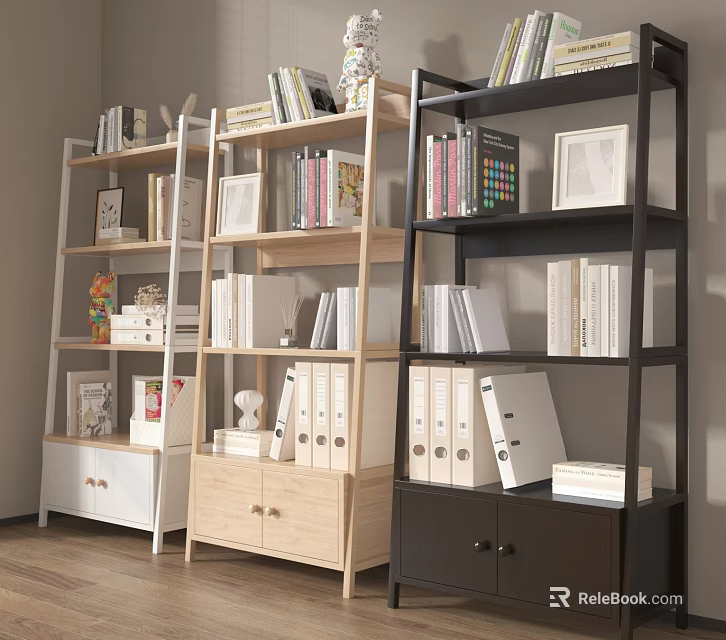 Stylish Bookshelf Interior With White Wooden And Black Bookshelves Books Photo Frames And Decorative Items 3d model 