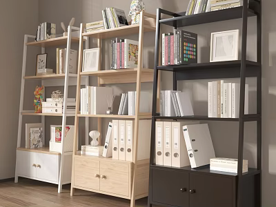 Stylish Bookshelf Interior With White Wooden And Black Bookshelves Books Photo Frames And Decorative Items 3d model