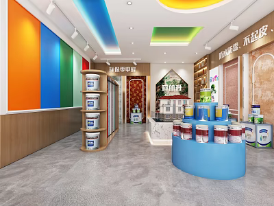 Colorful Paint Specialty Store Interior With Vibrant Wall Displays And Paint Buckets 3d model