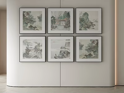 Six Abstract Paintings Hanging On White Wall In Modern Interior Space 3d model