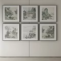 Six Abstract Paintings Hanging On White Wall In Modern Interior Space