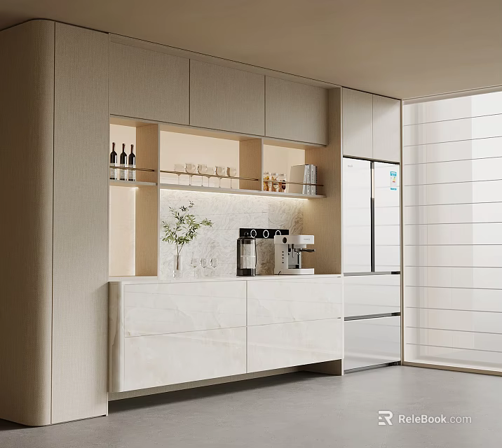 Modern Kitchen Wine Cabinet Design With Light Wood Cabinets Marble Countertop And Coffee Machine 3d model 