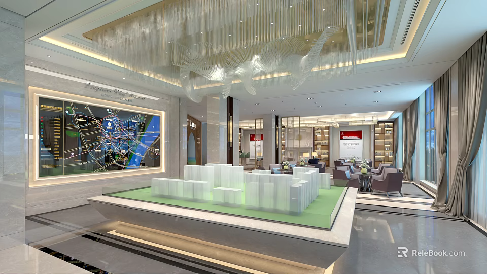 Modern Sales Office Interior Featuring Property Model Display And Chandelier Design 3d model
