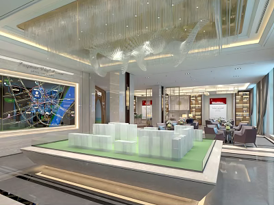 Modern Sales Office Interior Featuring Property Model Display And Chandelier Design 3d model