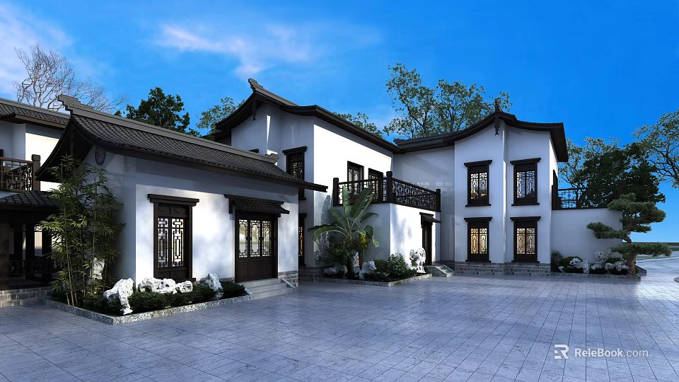 Traditional Chinese Detached Villa With White Walls Black Roof And Carved Windows 3d model 