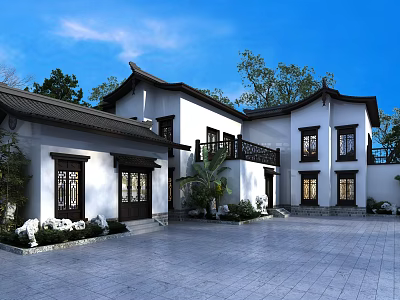 Traditional Chinese Detached Villa With White Walls Black Roof And Carved Windows 3d model