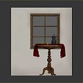 Modern Interior Scene With Red Brick Wall Window Small Table Kettle And Red Cloth